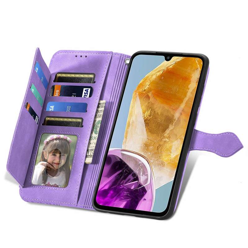 For Samsung Galaxy M15 Embossed Flower Zipper Leather Phone Case(Purple)
