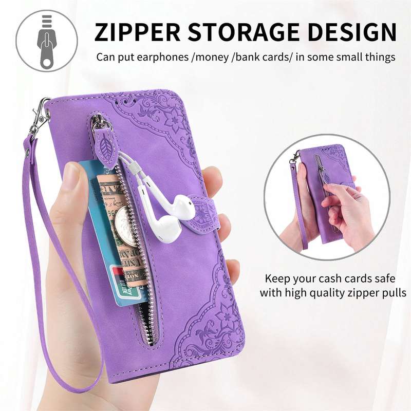 For Samsung Galaxy M15 Embossed Flower Zipper Leather Phone Case(Purple)