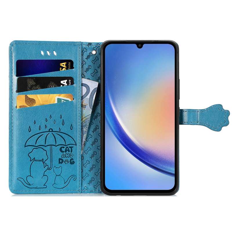 For Samsung Galaxy A35 5G Cat and Dog Embossed Leather Phone Case(Blue)