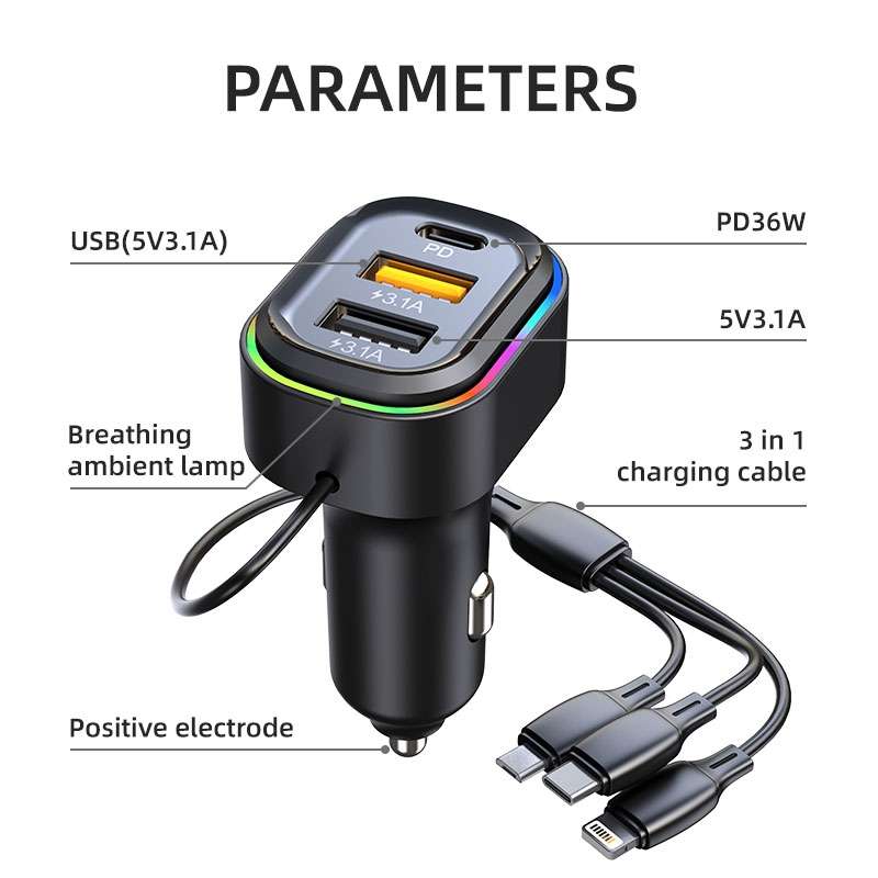 K5 With 3-in-1 Charging Cable Dual USB + 1 Type-C PD Phone Fast Charging Adapter Car Charger