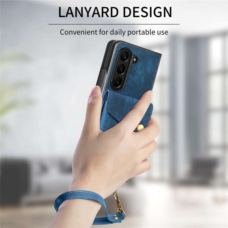 For Samsung Galaxy Z Fold6 5G Retro Card Wallet Fold Leather Phone Case with Strap(Bule)