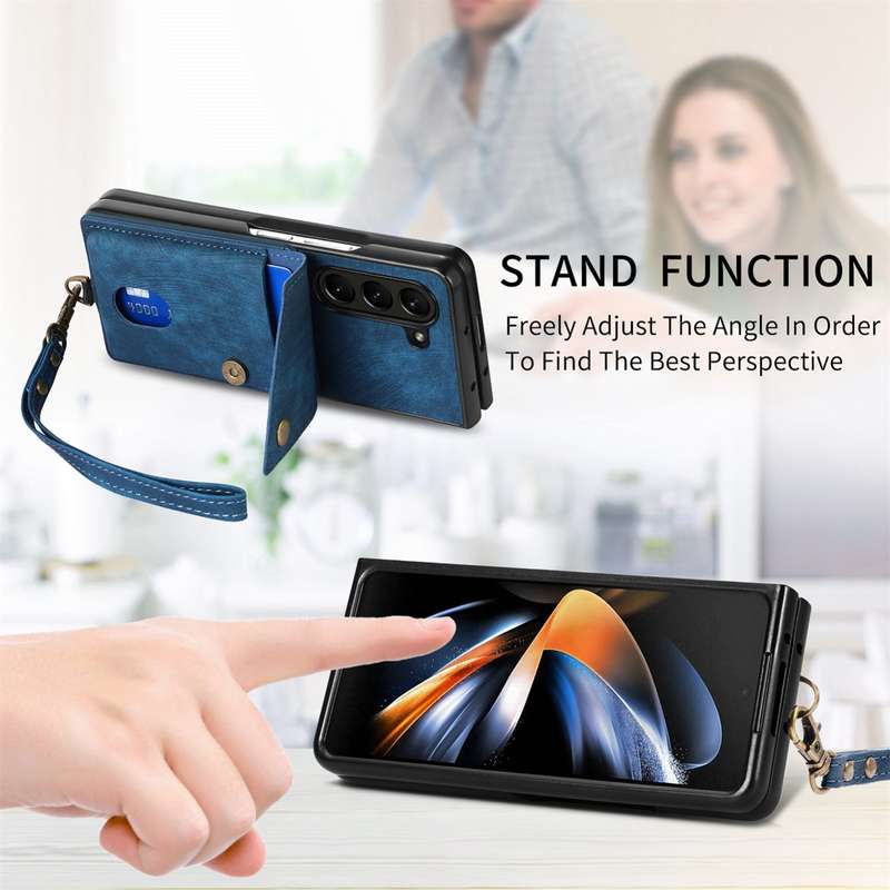 For Samsung Galaxy Z Fold6 5G Retro Card Wallet Fold Leather Phone Case with Strap(Bule)