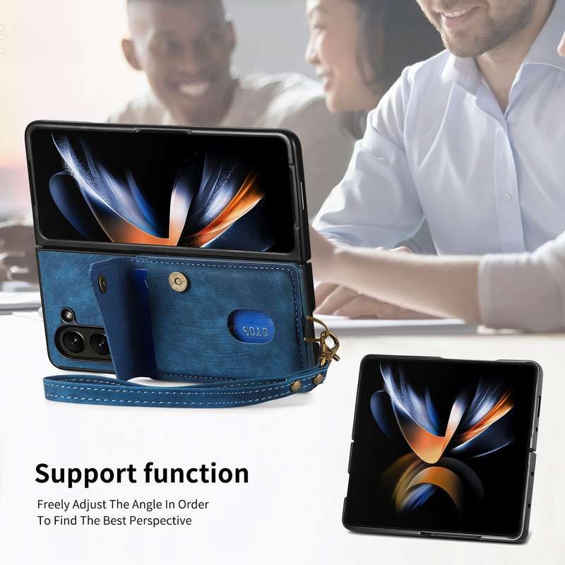 For Samsung Galaxy Z Fold6 5G Retro Card Wallet Fold Leather Phone Case with Strap(Bule)