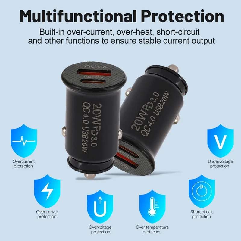 P10 Mini Style QC4.0 USB / PD20W Dual Port Car Charger(Black)