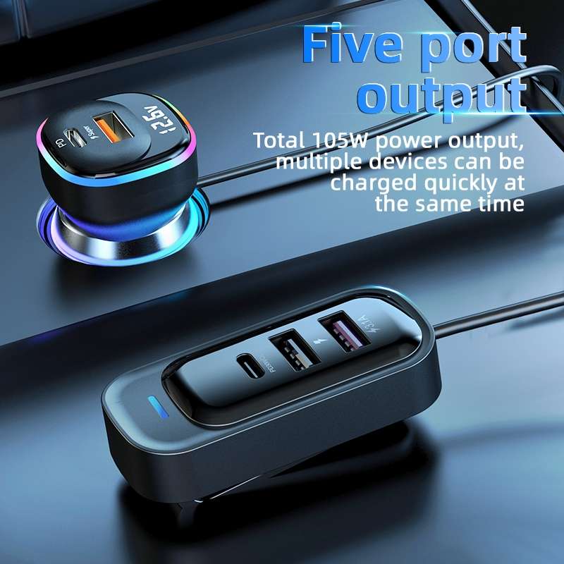 YQ5 PD 105W Cigarette Lighter Adapter 5 Multi Ports Car Charger for Rear Seat 105W Fast Car Charger