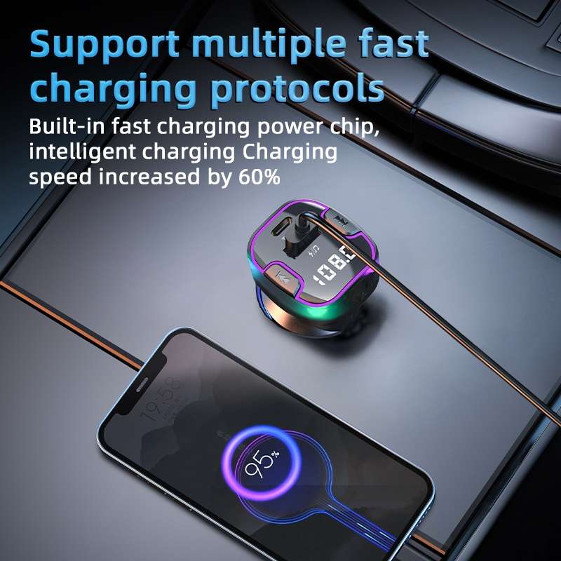 C49 With Type-C+USB Port FM Transmitter Car Bluetooth Adapter Ambient Light MP3 Music Player