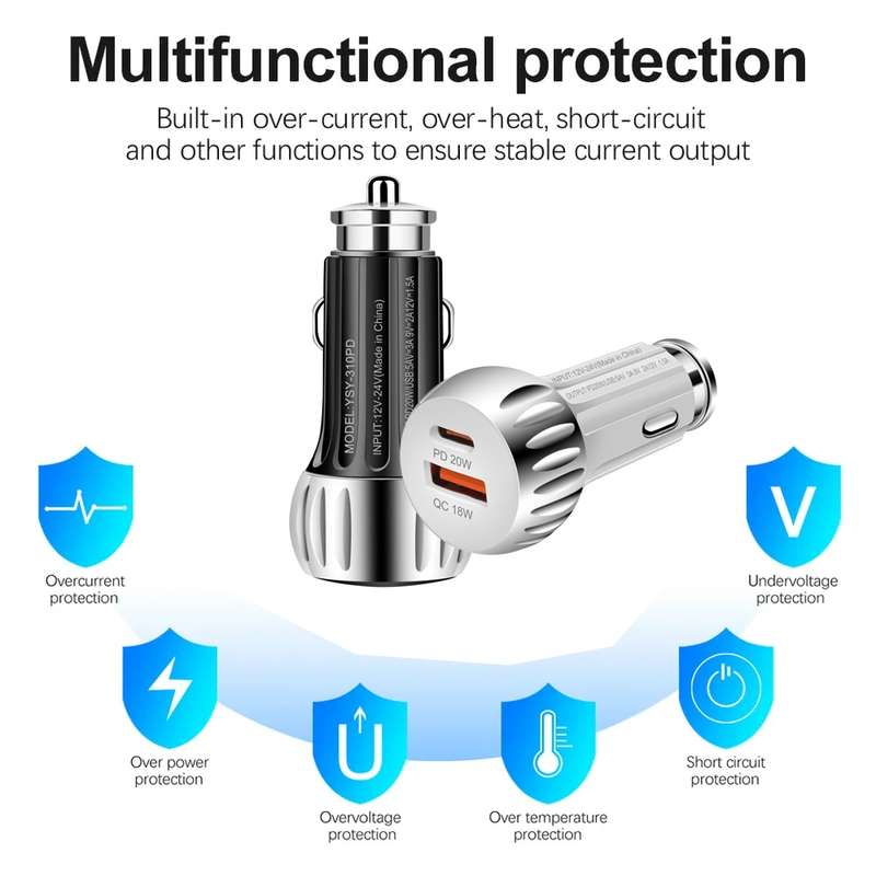 YSY-310PD 38W PD20W USB-C + QC3.0 18W USB Dual Port Fast Car Charger(White)