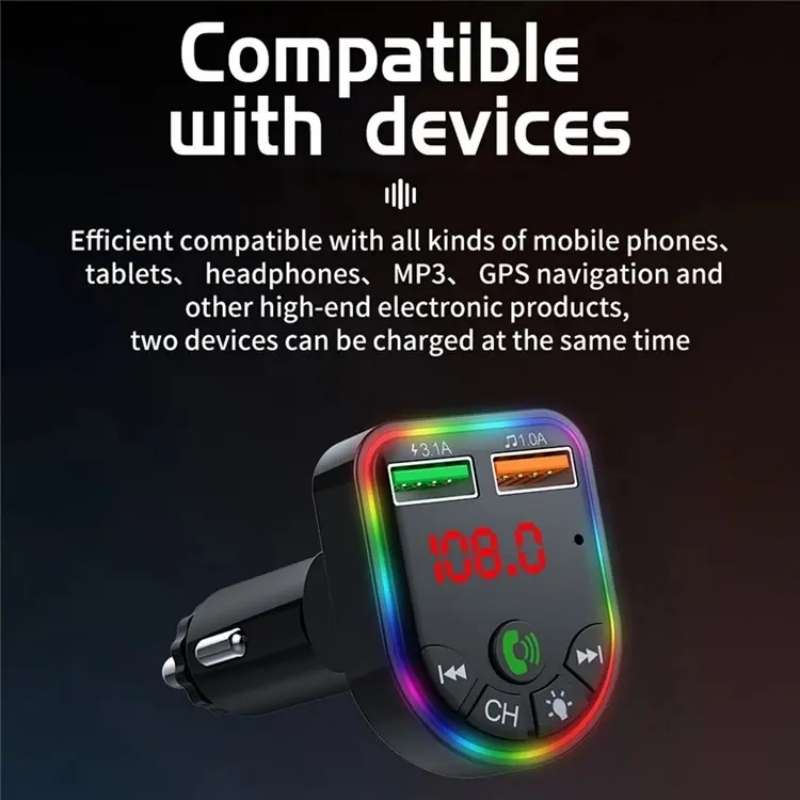 P5 Support U Disk Colorful Ambient Light Car Charger Digital Display Bluetooth Wireless Car MP3 Play