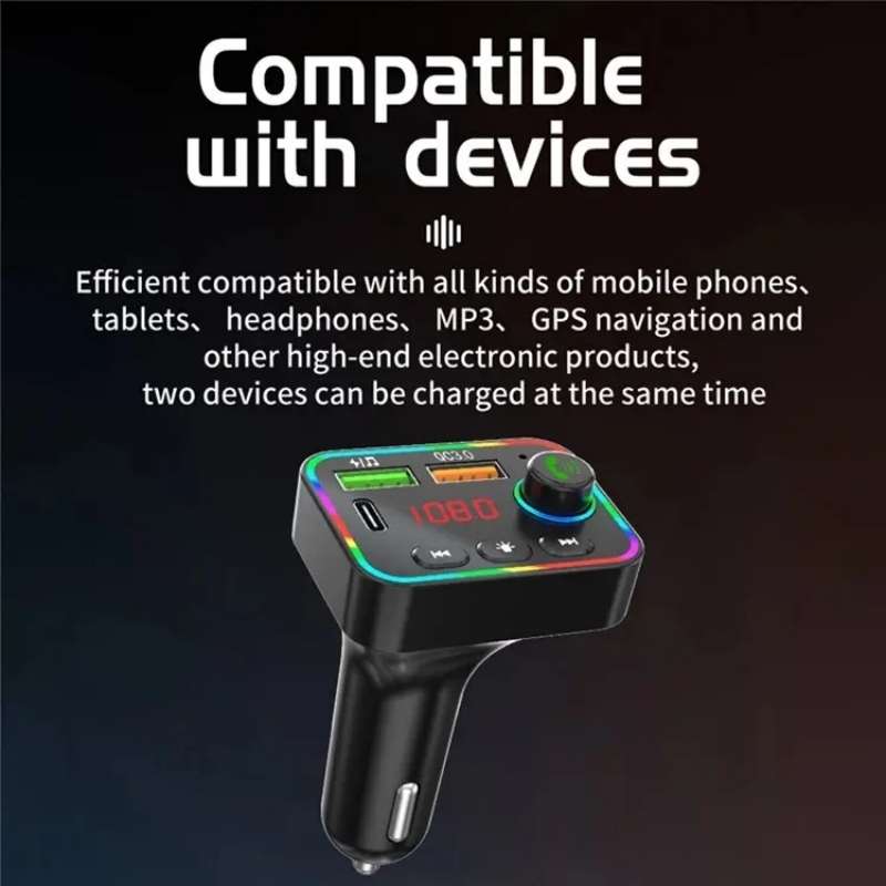PDF4 PD 25W Fast Car Charger with Hands-Free Calls FM Transmitter 7-Color Led Lights MP3 Player