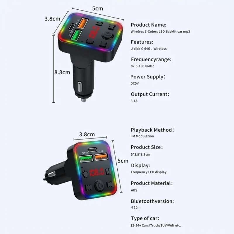 P22 Support MP3 Player USB Port Bluetooth FM Transmitter in-Car Adapter PD Car Charger