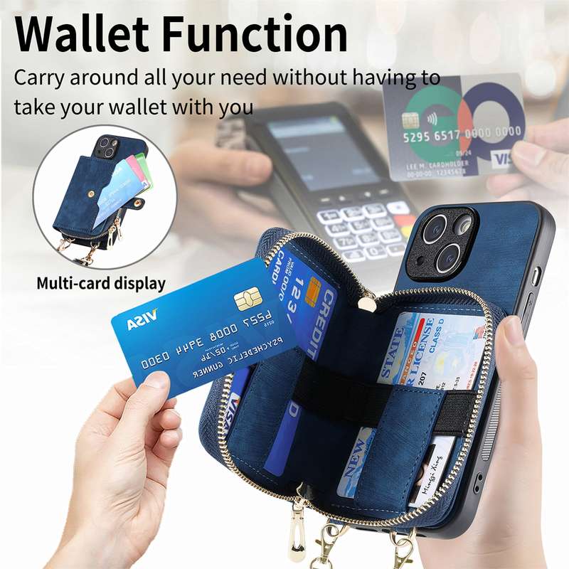 For iPhone 15 Crossbody Multi-function Zipper Wallet Phone Case(Black)