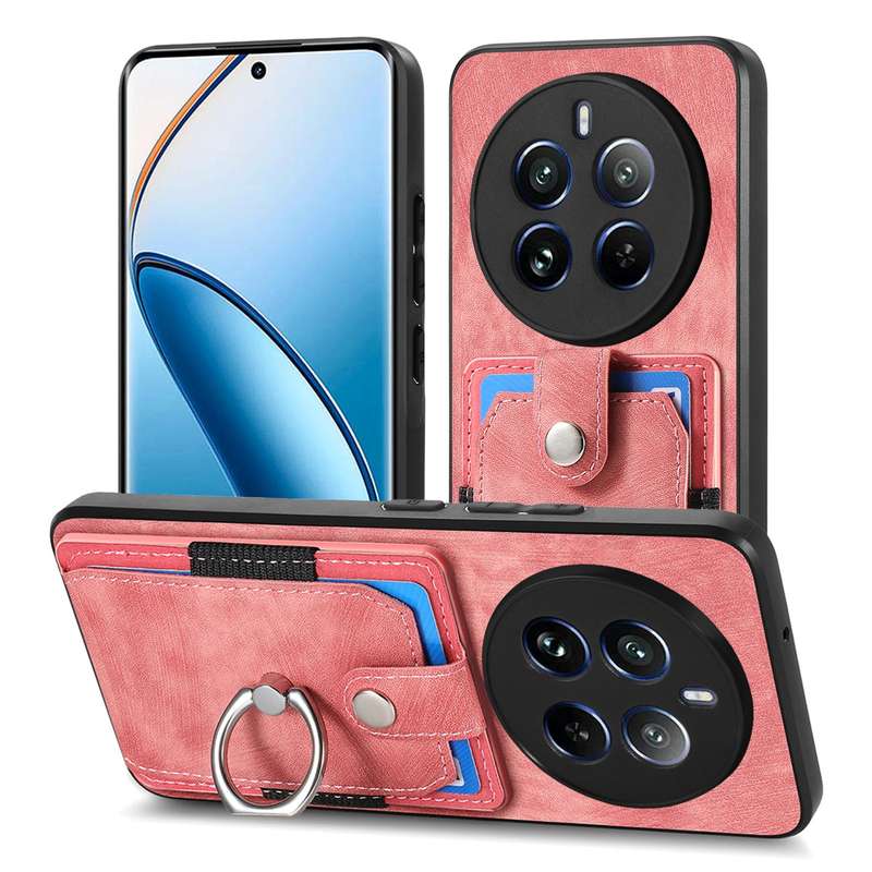 For Realme 12 Pro Retro Skin-feel Ring Card Wallet Phone Case(Pink)