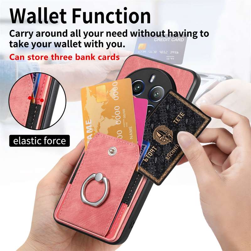 For Realme 12 Pro Retro Skin-feel Ring Card Wallet Phone Case(Pink)