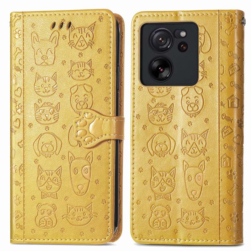 For Xiaomi 13T / 13T Pro Cat and Dog Embossed Leather Phone Case(Yellow)