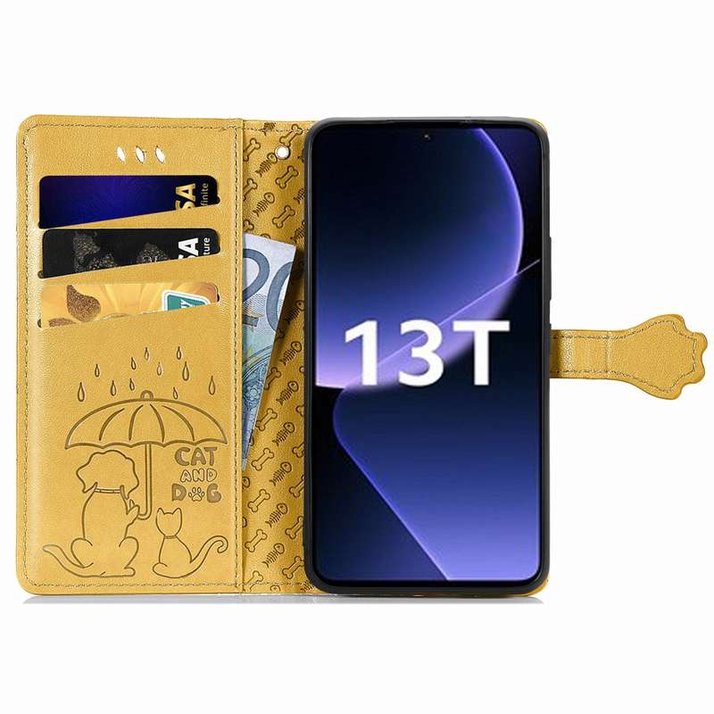 For Xiaomi 13T / 13T Pro Cat and Dog Embossed Leather Phone Case(Yellow)
