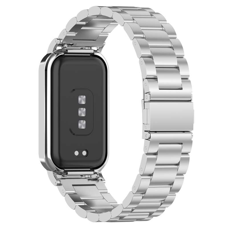 For Xiaomi Smart Band 8 Active Three Bead Stainless Steel Watch Band + Watch Metal Frame(Silver