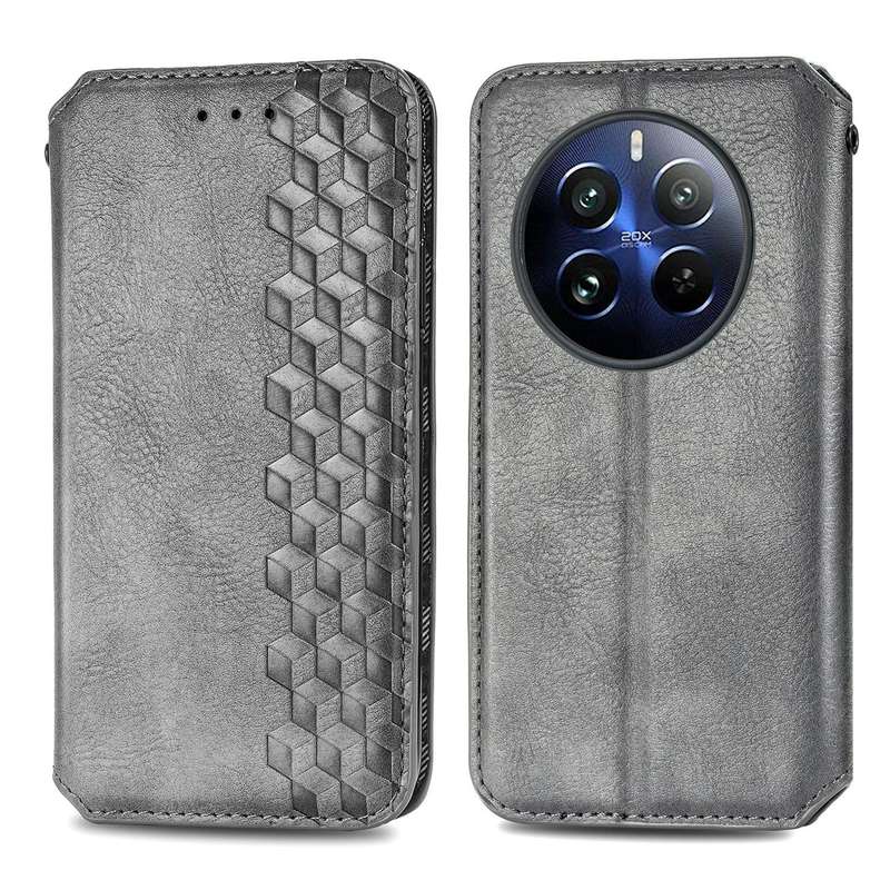 For Realme 12 Pro Cubic Grid Pressed Magnetic Leather Phone Case(Grey)