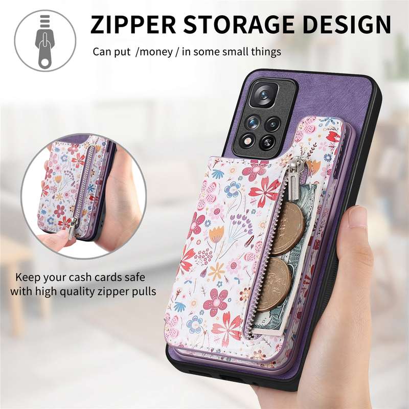 For Redmi K40 Retro Painted Zipper Wallet Back Phone Case(Purple)