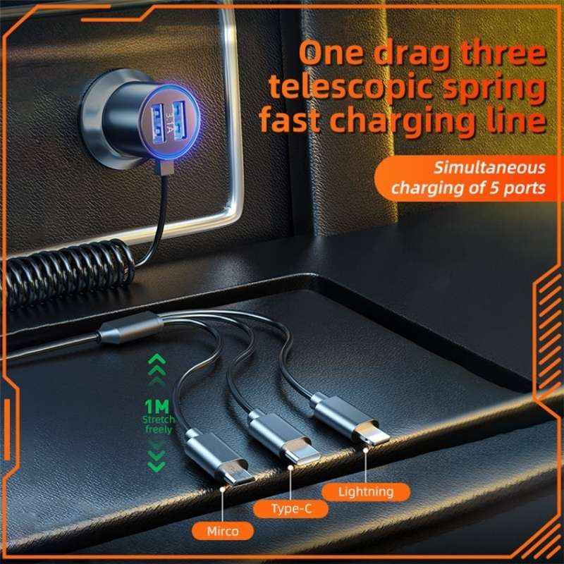 K15 Car Adapter 3 in 1 Stretchable Cable 22.5W Quick Charge Cigarette Lighter Dual USB Ports