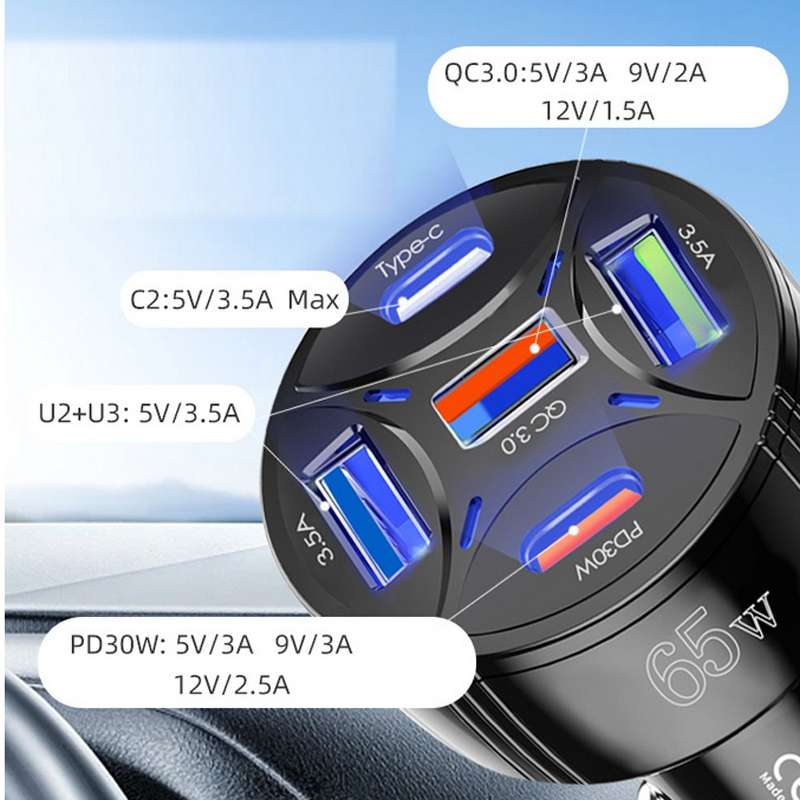 TE-P50 65W PD30W Type-C x 2 + USB x 3 Multi Port Car Charger(Black)