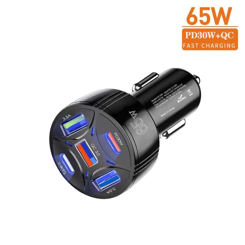 TE-P50 65W PD30W Type-C x 2 + USB x 3 Multi Port Car Charger with 1m Type-C to 8 Pin Data Cable(Blac