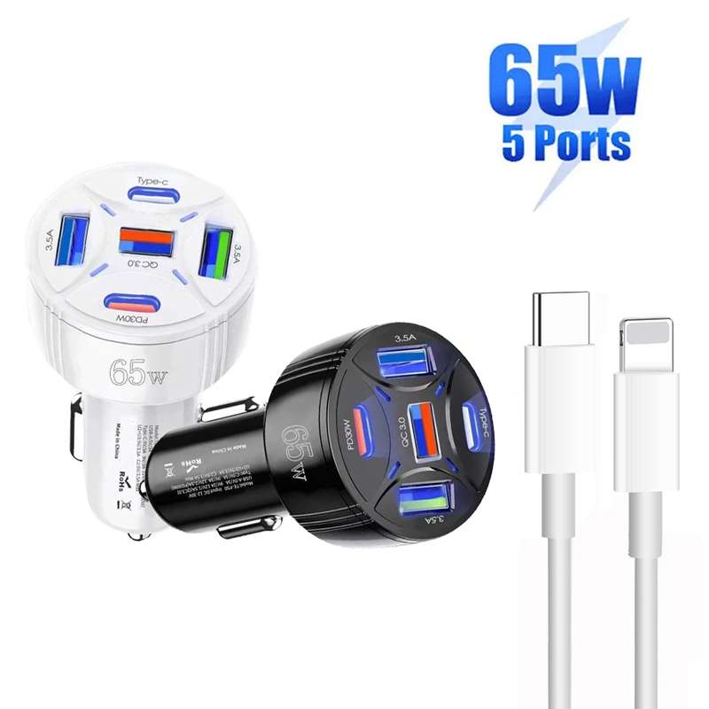 TE-P50 65W PD30W Type-C x 2 + USB x 3 Multi Port Car Charger with 1m Type-C to 8 Pin Data Cable(Blac