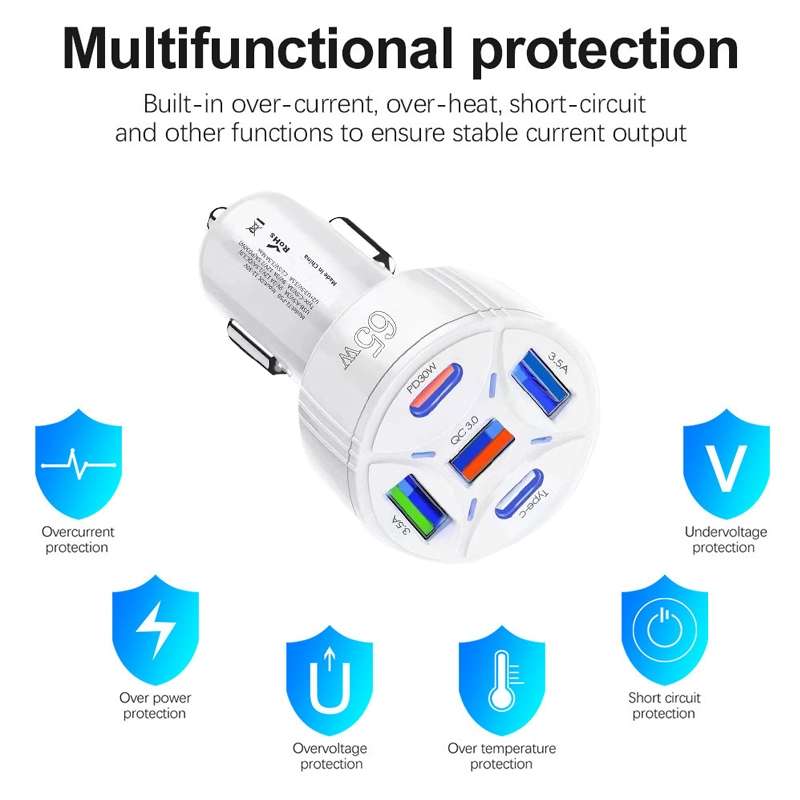 TE-P50 65W PD30W Type-C x 2 + USB x 3 Multi Port Car Charger with 1m Type-C to 8 Pin Data Cable(Blac
