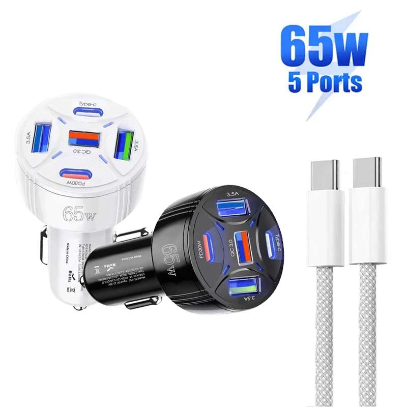 TE-P50 65W PD30W Type-C x 2 + USB x 3 Multi Port Car Charger with 1m Type-C to Type-C Data Cable(Bla