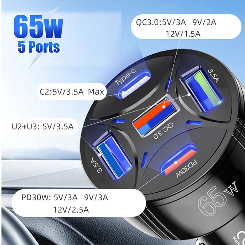 TE-P50 65W PD30W Type-C x 2 + USB x 3 Multi Port Car Charger with 1m Type-C to Type-C Data Cable(Bla