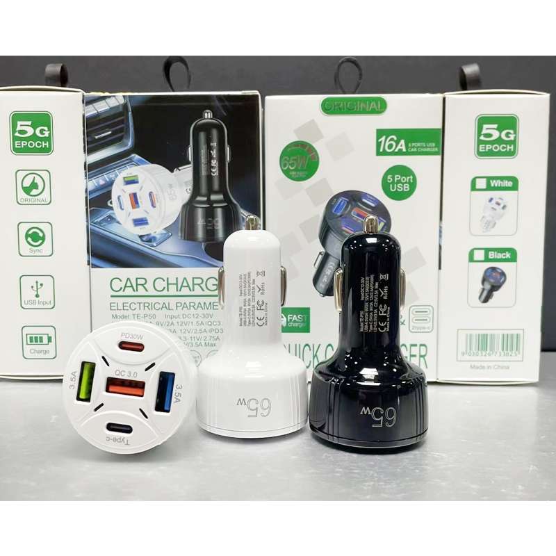 TE-P50 65W PD30W Type-C x 2 + USB x 3 Multi Port Car Charger with 1m Type-C to Type-C Data Cable(Bla