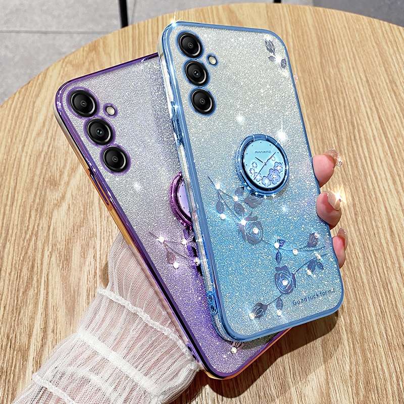 For Samsung Galaxy S25 Ultra 5G Gradient Glitter Immortal Flower Ring All-inclusive Phone Case(Blue)