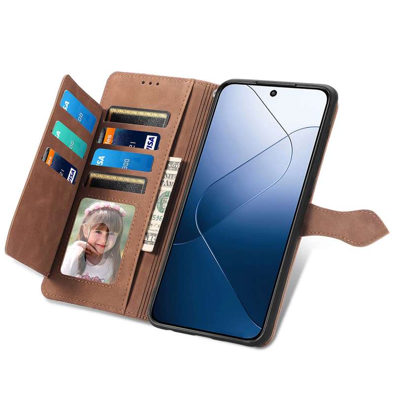 For Xiaomi 14 Embossed Flower Zipper Leather Phone Case(Brown)