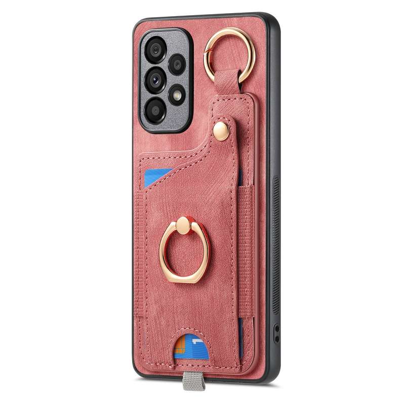 For Samsung Galaxy A73 5G Retro Skin-feel Ring Card Bag Phone Case with Hang Loop(Blue)