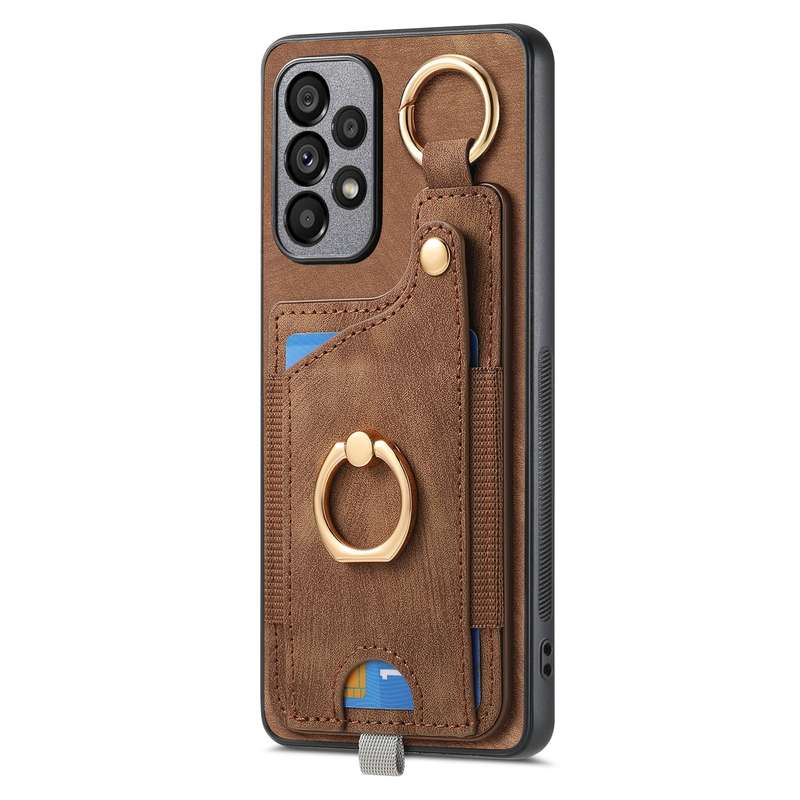 For Samsung Galaxy A73 5G Retro Skin-feel Ring Card Bag Phone Case with Hang Loop(Blue)