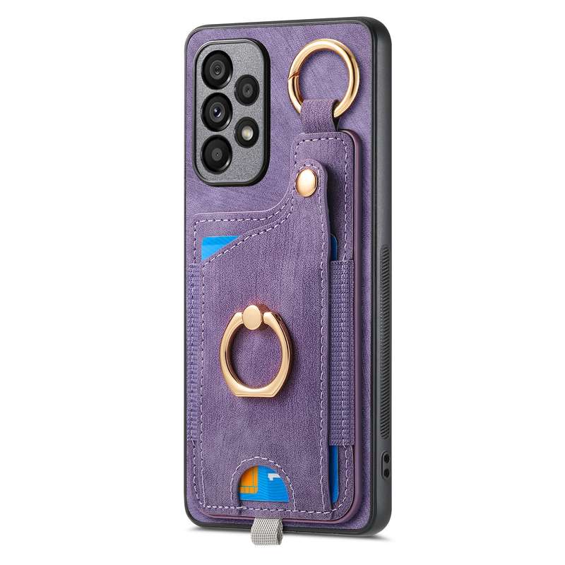 For Samsung Galaxy A73 5G Retro Skin-feel Ring Card Bag Phone Case with Hang Loop(Blue)