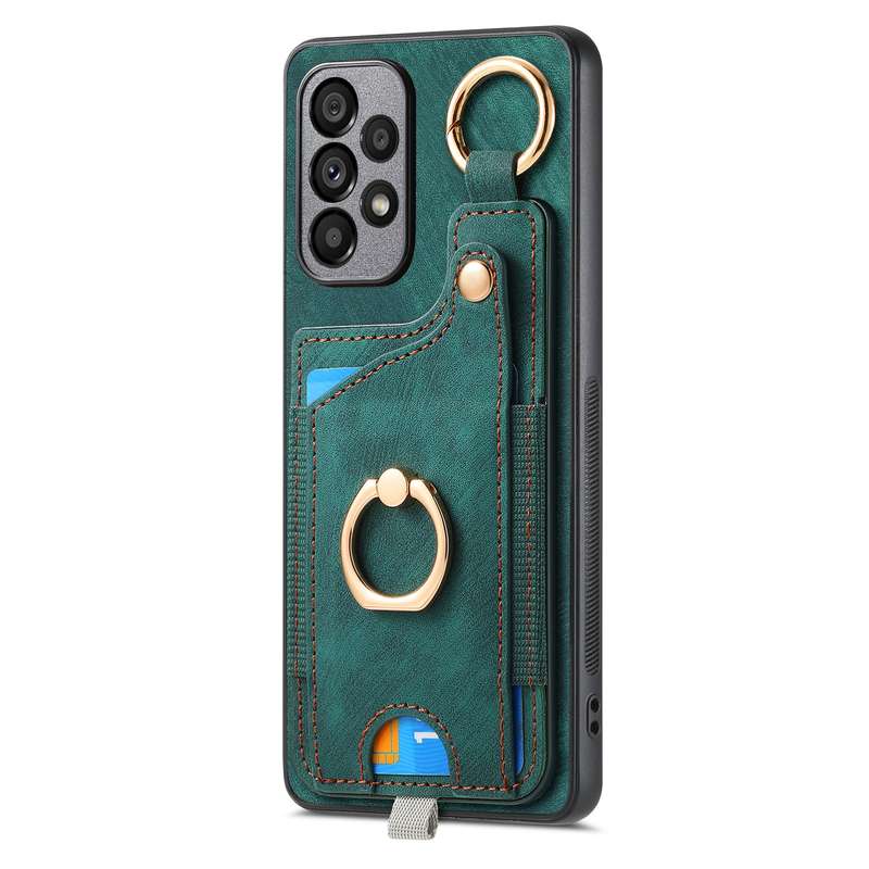 For Samsung Galaxy A73 5G Retro Skin-feel Ring Card Bag Phone Case with Hang Loop(Blue)