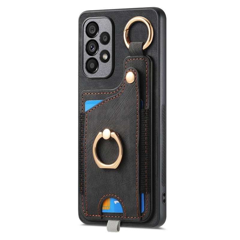 For Samsung Galaxy A73 5G Retro Skin-feel Ring Card Bag Phone Case with Hang Loop(Blue)