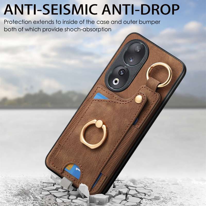 For Honor 90 Retro Skin-feel Ring Card Bag Phone Case with Hang Loop(Blue)