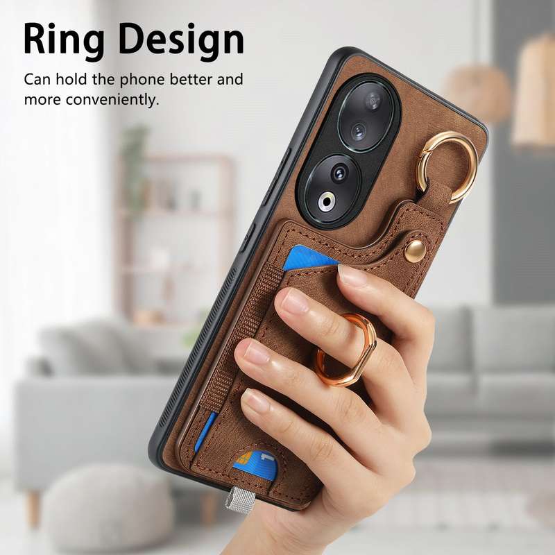 For Honor 90 Retro Skin-feel Ring Card Bag Phone Case with Hang Loop(Blue)