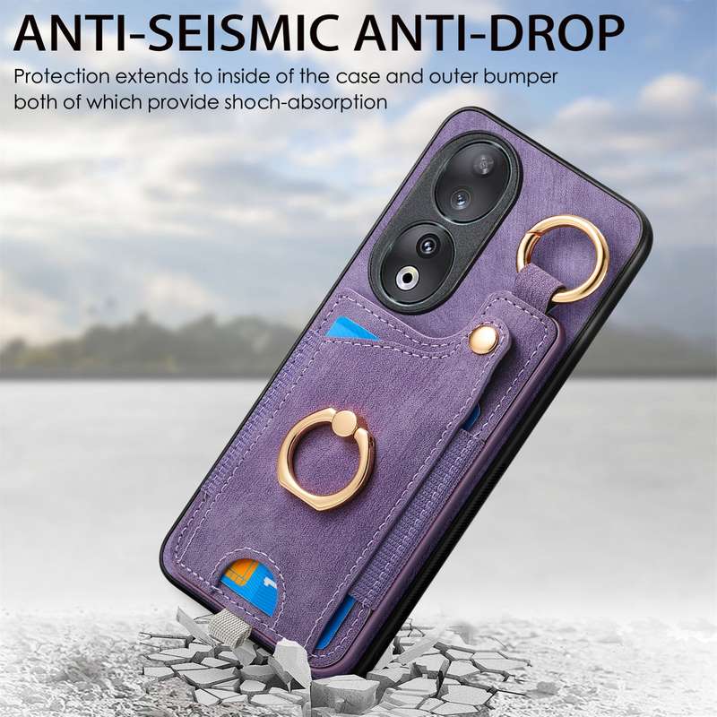 For Honor 90 Retro Skin-feel Ring Card Bag Phone Case with Hang Loop(Blue)