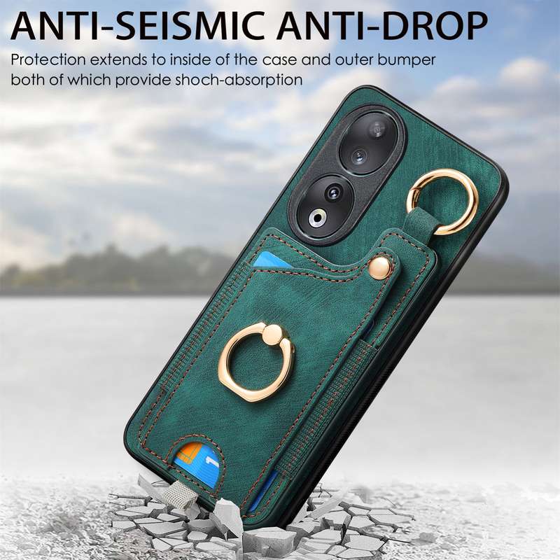 For Honor 90 Retro Skin-feel Ring Card Bag Phone Case with Hang Loop(Blue)