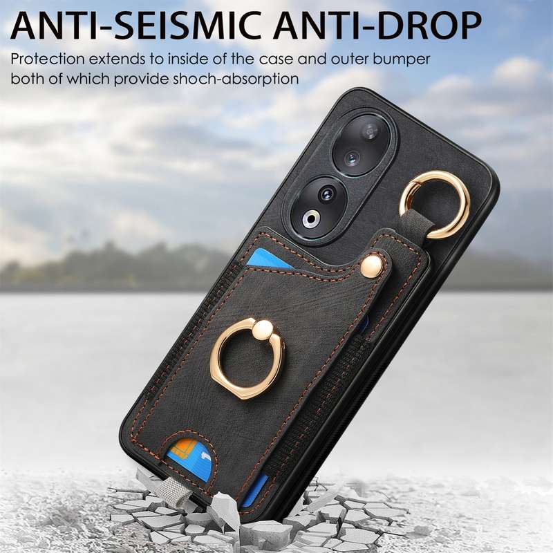 For Honor 90 Retro Skin-feel Ring Card Bag Phone Case with Hang Loop(Blue)