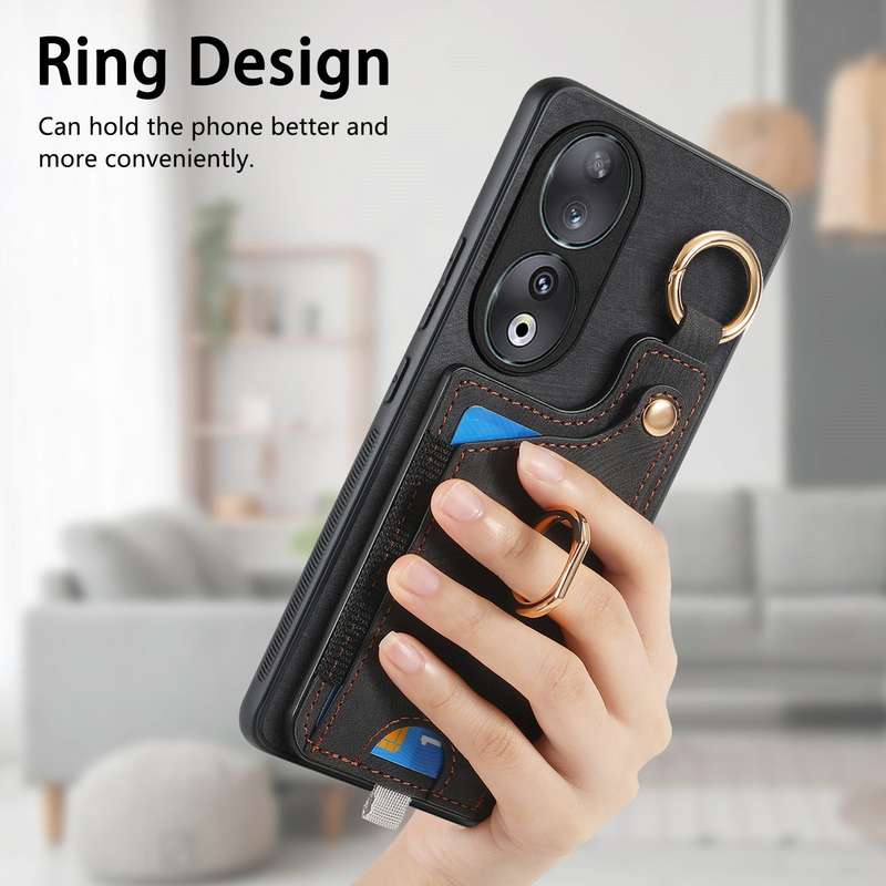 For Honor 90 Retro Skin-feel Ring Card Bag Phone Case with Hang Loop(Blue)