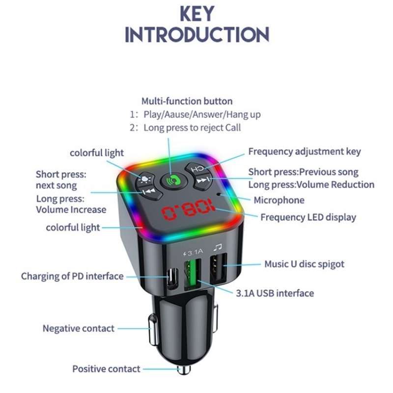Colorful light Car Hands-free Call Bluetooth Receiver Support U Disk MP3 Player