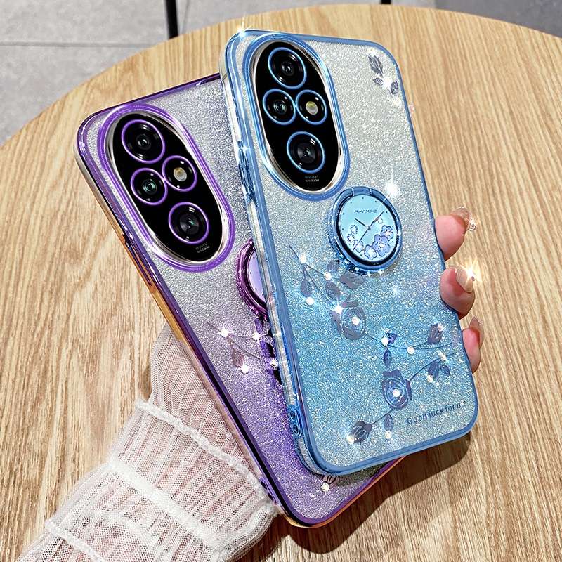 For Honor 200 Pro Gradient Glitter Immortal Flower Ring All-inclusive Phone Case(Blue)