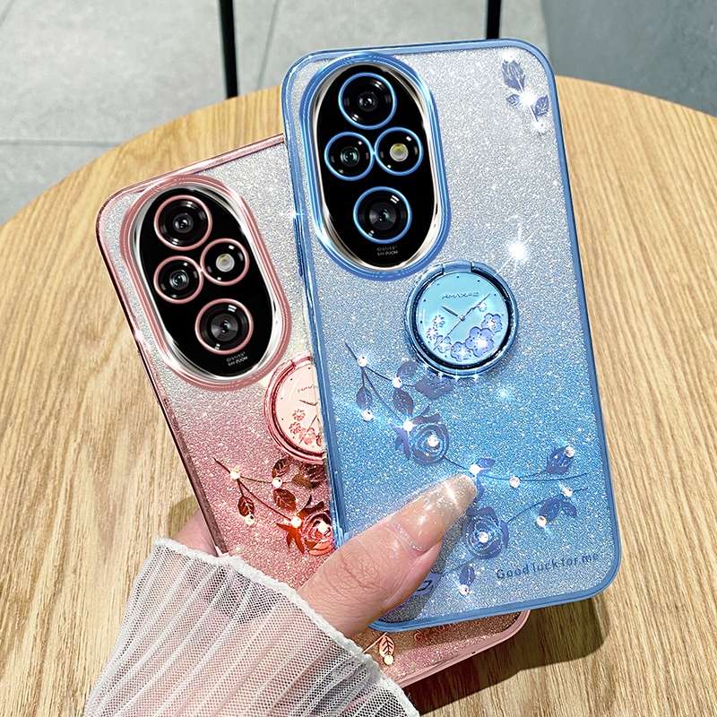 For Honor 200 Pro Gradient Glitter Immortal Flower Ring All-inclusive Phone Case(Blue)