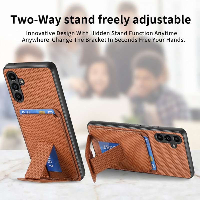 For Samsung Galaxy A73 5G Carbon Fiber Card Bag Fold Stand Phone Case(Khaki)