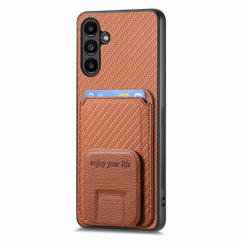 For Samsung Galaxy A73 5G Carbon Fiber Card Bag Fold Stand Phone Case(Khaki)