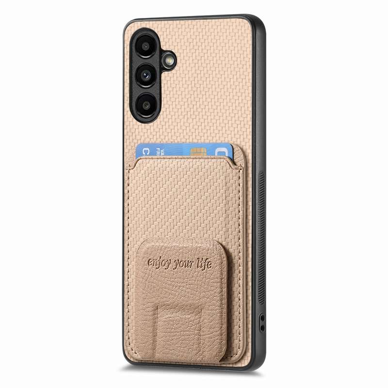 For Samsung Galaxy A73 5G Carbon Fiber Card Bag Fold Stand Phone Case(Khaki)