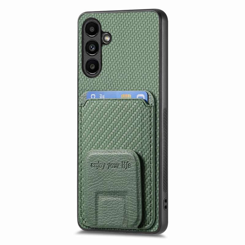 For Samsung Galaxy A73 5G Carbon Fiber Card Bag Fold Stand Phone Case(Khaki)